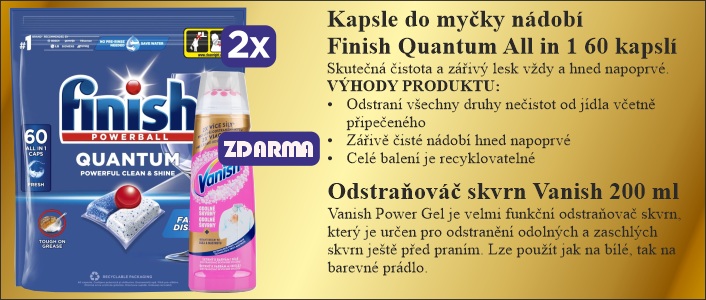BONUS VANISH Odstranovac skvrn 200ml za 2 balení tablet Finish 60ks Quantum All in One